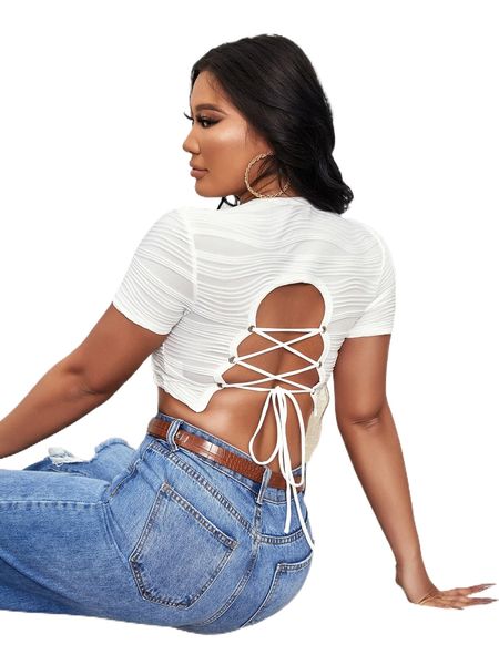 grommet lace up backless textured crop tee m31o#, White
grommet lace up backless textured crop tee m31o#, White