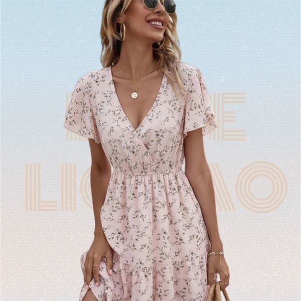 

allover ditsy floral print ruffle hem a line dress summer women pink butterfly sleeve elastic waist v neck midi robe femme 220526, Black;gray