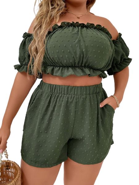 plus swiss dot frill trim bardot & shorts y1nf#, Black