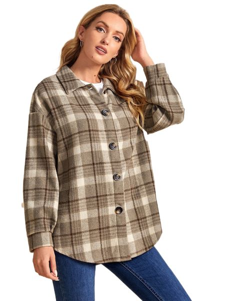 plaid print drop shoulder coat 033r#, Black
plaid print drop shoulder coat 033r#, Black