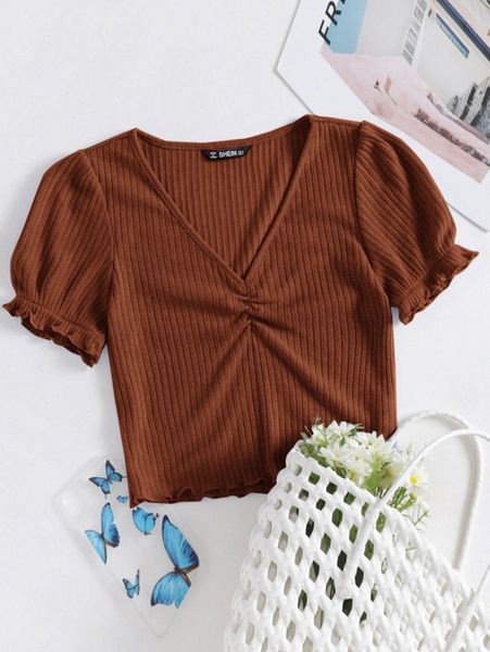 ruched detail frilled cuff puff sleeve lettuce edge n00j#, White
ruched detail frilled cuff puff sleeve lettuce edge n00j#, White