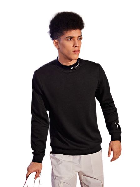 men mock neck letter & deer pattern pullover e67v#, Black
