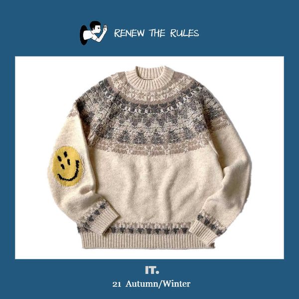 kapital hirata hehong wool 21aw blend retro warm thickened smiling face knitted pullover sweater, White;black
kapital hirata hehong wool 21aw blend retro warm thickened smiling face knitted pullover sweater, White;black