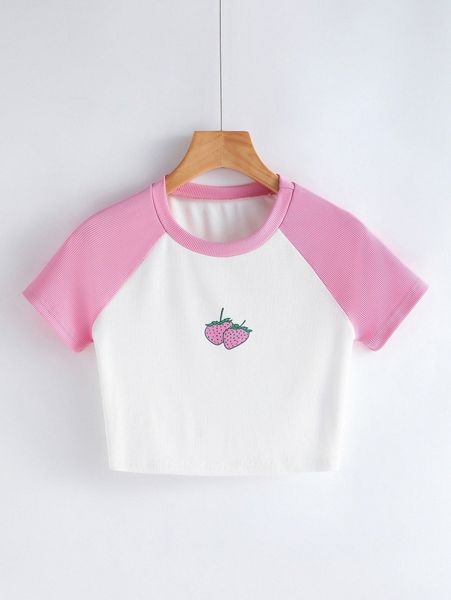 raglan sleeve strawberry print tee r3fj#, White