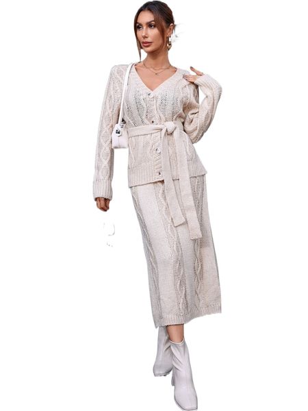cable knit belted cardigan & knit skirt o8k1#, White;black