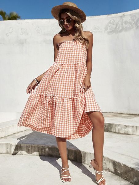 gingham print ruffle hem tube dress q7oi#, Black;gray
