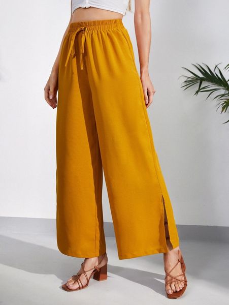 knot front split hem wide leg pants q0u2#, Black;white