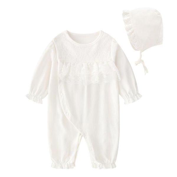 

Newborn Baby Girl Clothes Set Boutique Formal Princess Style Lace Jumpsuit & Hats 2-piece Soft Infant Cirls Rompers Gifts, White