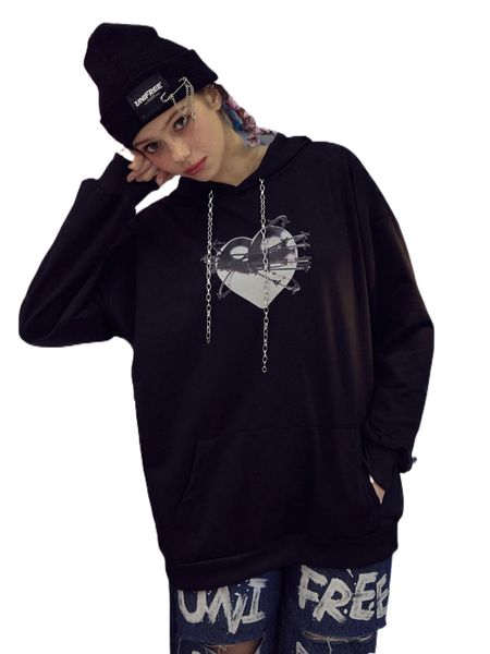 heart print drop shoulder kangaroo pocket chain hoodie q2in#, Black 
heart print drop shoulder kangaroo pocket chain hoodie q2in#, Black