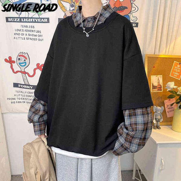 single road mens crewneck sweatshirt men 2022 fake-2pcs plaid patchwork oversized sweatshirts streetwear hoodie women y220716, Black
single road mens crewneck sweatshirt men 2022 fake-2pcs plaid patchwork oversized sweatshirts streetwear hoodie women y220716, Black