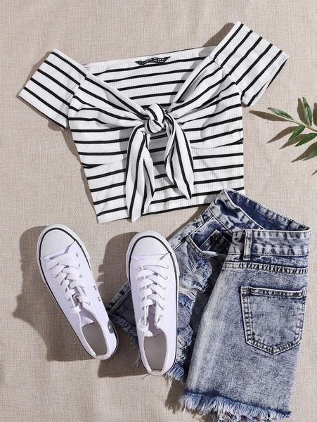 knot front striped rib-knit tee n07c#, White 
knot front striped rib-knit tee n07c#, White