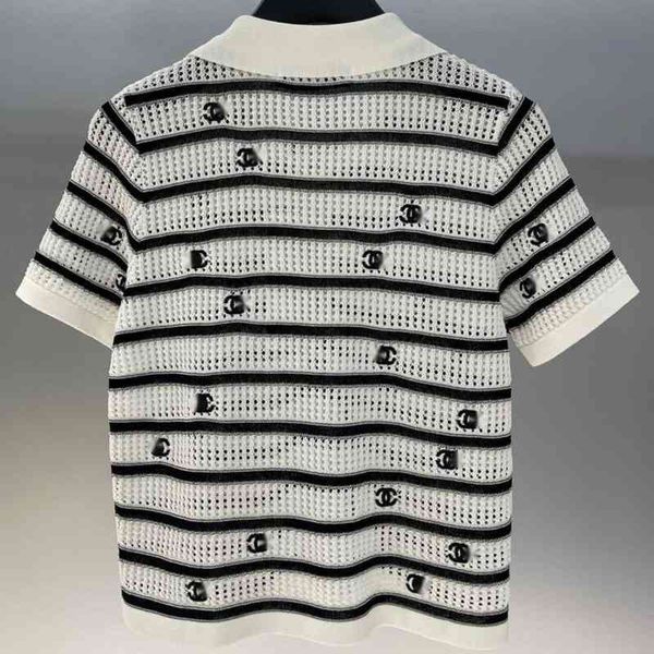 designer clothing soriginal fragrance embroidery thin stripe hollowed out collar short sleeve knit top, White;black
designer clothing soriginal fragrance embroidery thin stripe hollowed out collar short sleeve knit top, White;black