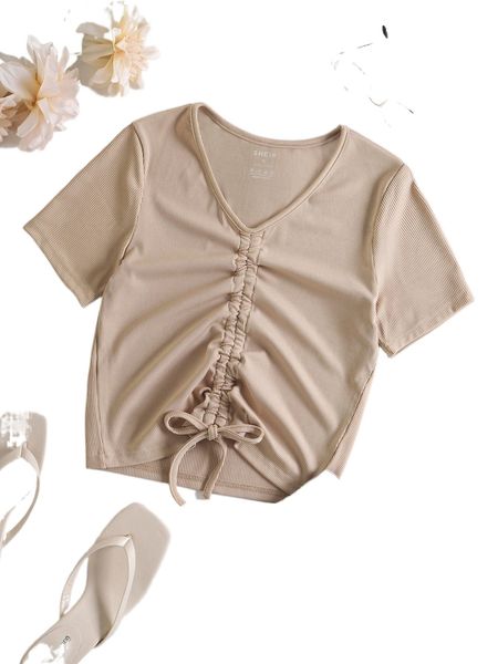 drawstring front rib knit tee q94f#, White