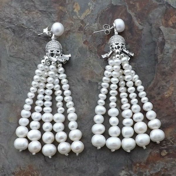beautiful white frshwater pearl tassel zircon pave earrings, Silver 
beautiful white frshwater pearl tassel zircon pave earrings, Silver