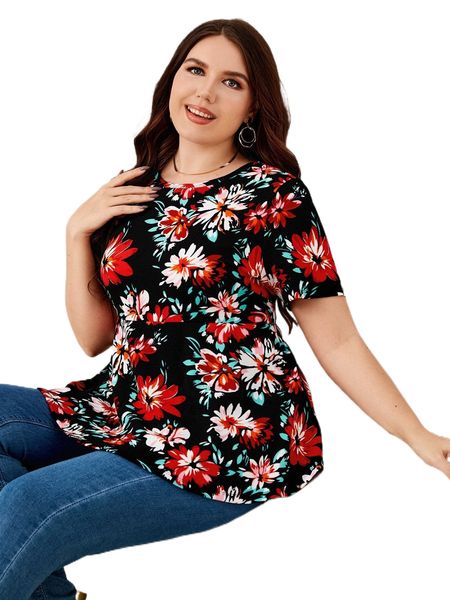 plus floral print peplum j18i#, Black