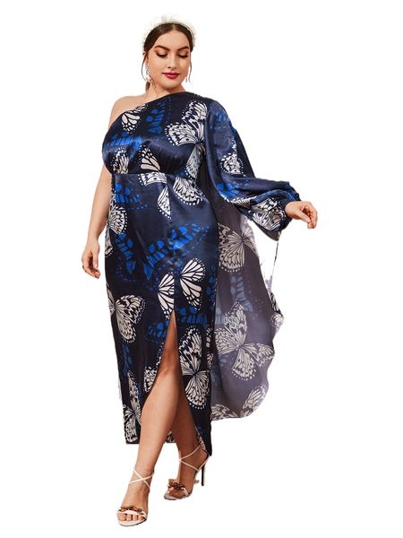 plus butterfly print one shoulder lantern sleeve split thigh satin dress 08x2#, Black
plus butterfly print one shoulder lantern sleeve split thigh satin dress 08x2#, Black