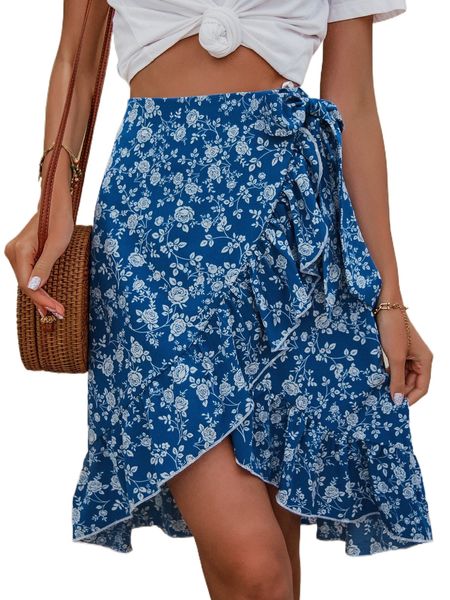 allover floral print wrap skirt 75ta#, Black
