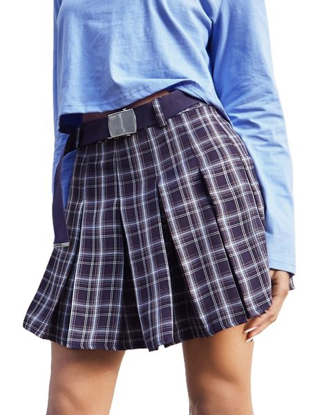 plaid print pleated belted skirt w6ik#, Black