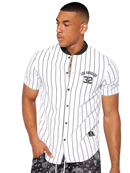 men striped & letter graphic baseball collar shirt 78n5#, White;black
men striped & letter graphic baseball collar shirt 78n5#, White;black