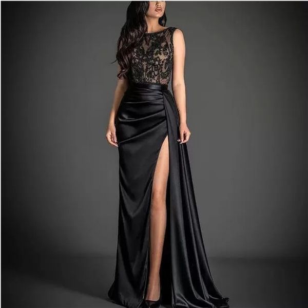 black lace beaded evening dresses high split sheer neck prom dress sweep train satin formal party second reception gowns, Black;red
black lace beaded evening dresses high split sheer neck prom dress sweep train satin formal party second reception gowns, Black;red