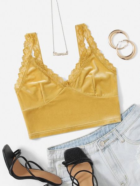 lace trim crop velvet cami w07f#, White