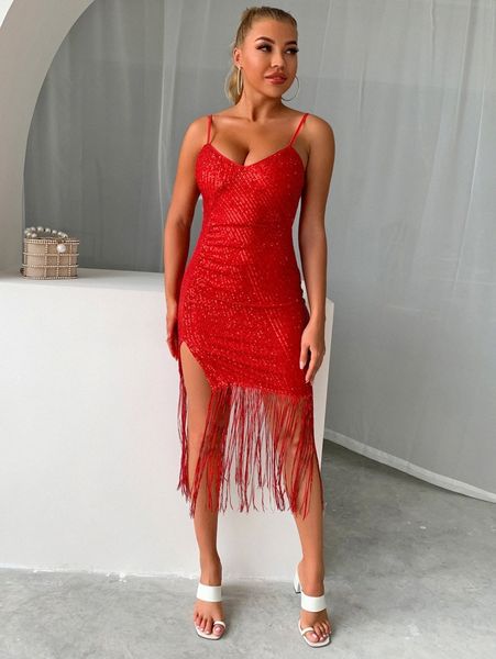 joyfunear split thigh fringe hem sequin bodycon dress n7xa#, Black;gray