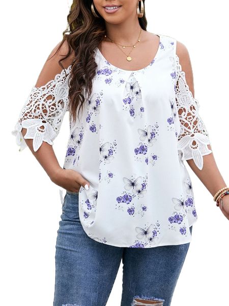 plus butterfly & floral print contrast guipure lace cold shoulder blouse w3gl#, Black
plus butterfly & floral print contrast guipure lace cold shoulder blouse w3gl#, Black