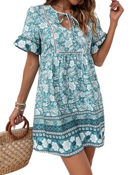 floral print tie neck flounce sleeve smock dress f0hp#, Black;gray