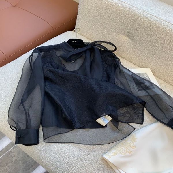 women's spring and summer design sense perspective chiffon shirt style celebrity temperament versatile loose bow lace up shirt women, White
women's spring and summer design sense perspective chiffon shirt style celebrity temperament versatile loose bow lace up shirt women, White