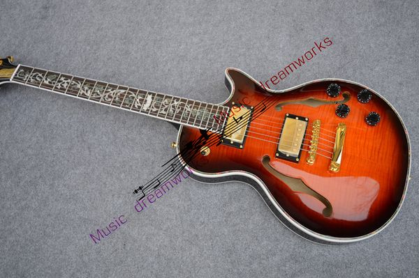 f hole half hollow jazz guitar, color binding, fingerboard mosaic, double sided maple guitar
f hole half hollow jazz guitar, color binding, fingerboard mosaic, double sided maple guitar