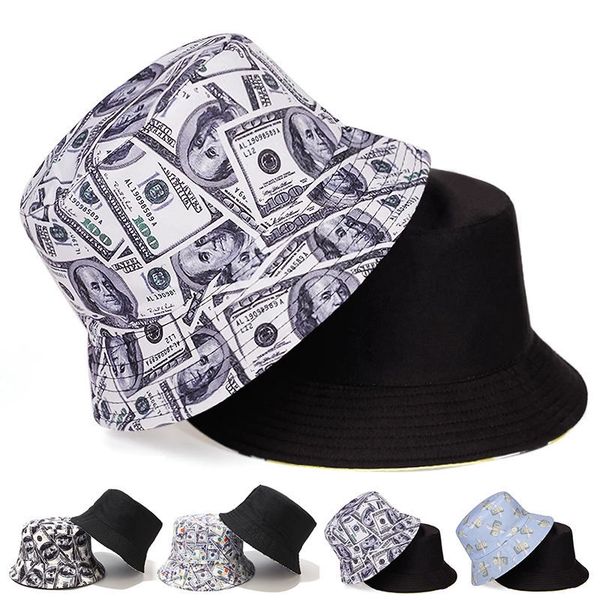 reversible fisherman hat cartoon printed streetwear usd dollars printed buckets hats, Blue;gray