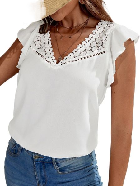 contrast lace ruffle armhole blouse i50w#, White 
contrast lace ruffle armhole blouse i50w#, White