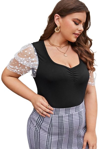 plus contrast dobby mesh sleeve ruched tee f6oy#, Black
plus contrast dobby mesh sleeve ruched tee f6oy#, Black