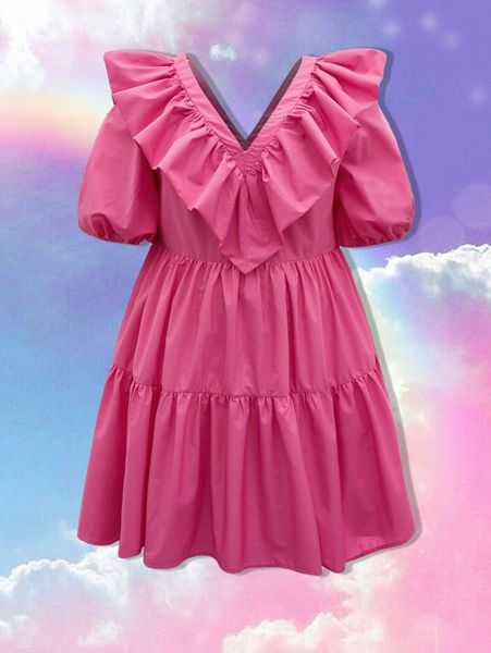 plus ruffle trim puff sleeve dress a9aj#, Black
plus ruffle trim puff sleeve dress a9aj#, Black