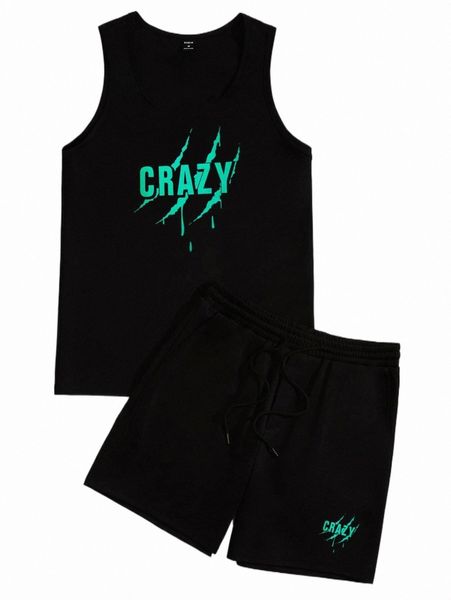 men reflective letter graphic tank & drawstring waist shorts f5ml#, Gray