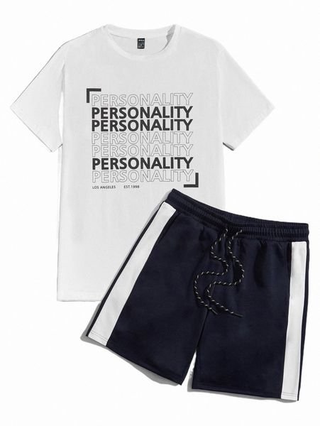 men letter graphic tee & contrast side seam drawstring waist track shorts set v0fr#, Gray
men letter graphic tee & contrast side seam drawstring waist track shorts set v0fr#, Gray