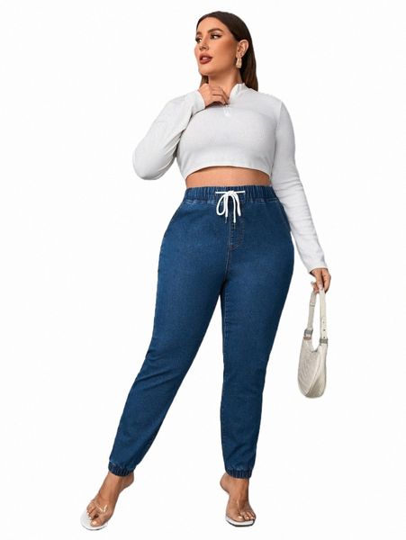 plus drawstring waist tapered jeans d4a0#, Blue