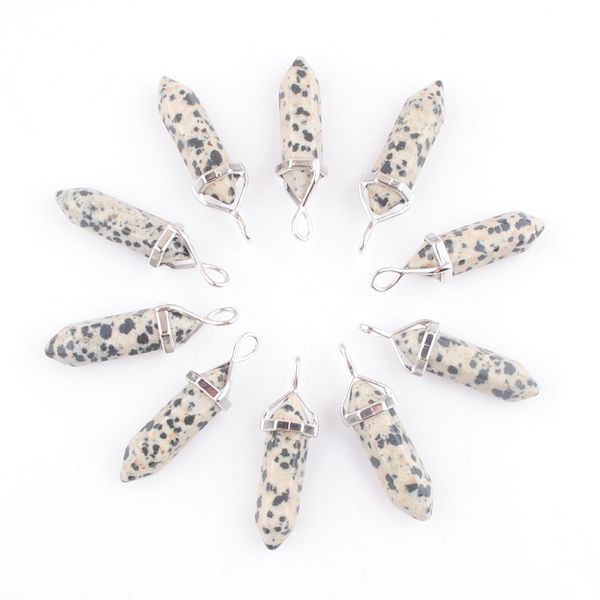 bullet pendant stone hexagonal prism point healing charm jewelry dalmation jasper natural gemstone beads dn4611, Silver
bullet pendant stone hexagonal prism point healing charm jewelry dalmation jasper natural gemstone beads dn4611, Silver