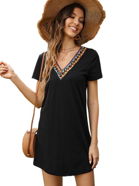 contrast geo tape tee dress e7gq#, Black;gray 
contrast geo tape tee dress e7gq#, Black;gray