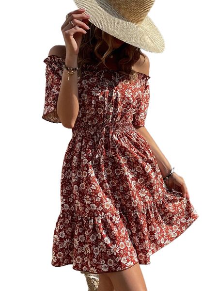 allover floral print tie front shirred waist ruffle hem dress o5tv#, Black;gray