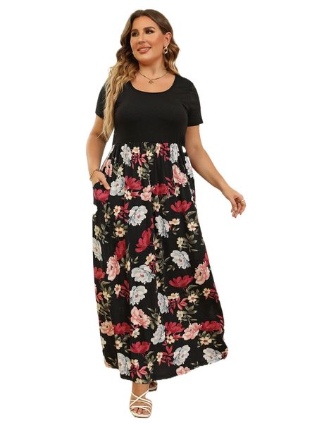 plus floral print a-line dress q4cb#, Black
