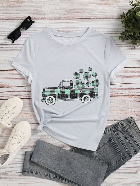 car & clover print tee 28dm#, White