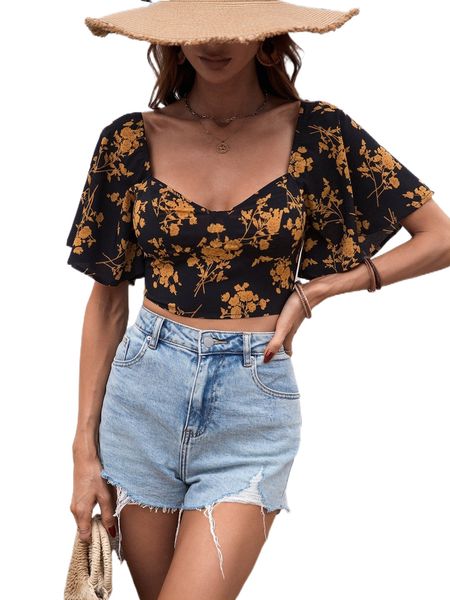 allover floral print sweetheart neck flutter sleeve blouse w7se#, White
allover floral print sweetheart neck flutter sleeve blouse w7se#, White