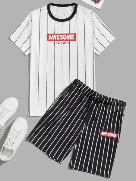 men vertical striped & letter graphic contrast binding tee & drawstring waist shorts g9o2#, Gray
men vertical striped & letter graphic contrast binding tee & drawstring waist shorts g9o2#, Gray