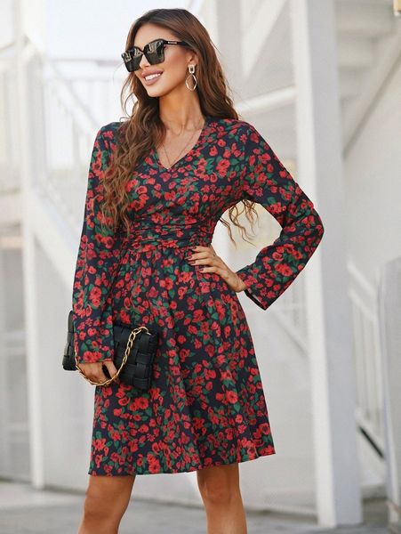 allover floral print ruched waist a-line dress 99vk#, Black;gray