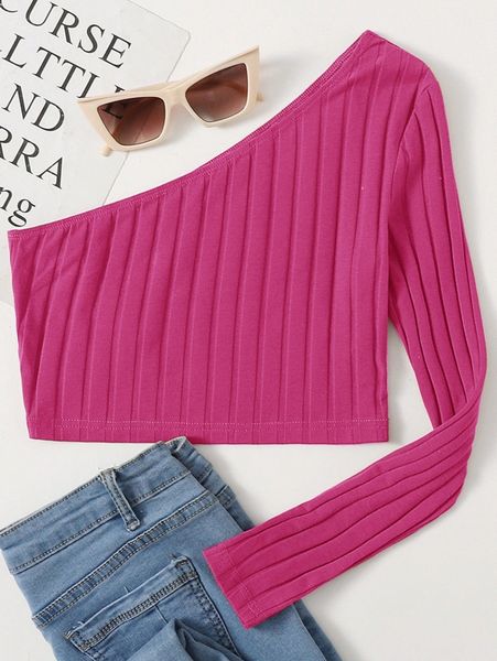 one shoulder rib-knit crop v961#, White 
one shoulder rib-knit crop v961#, White