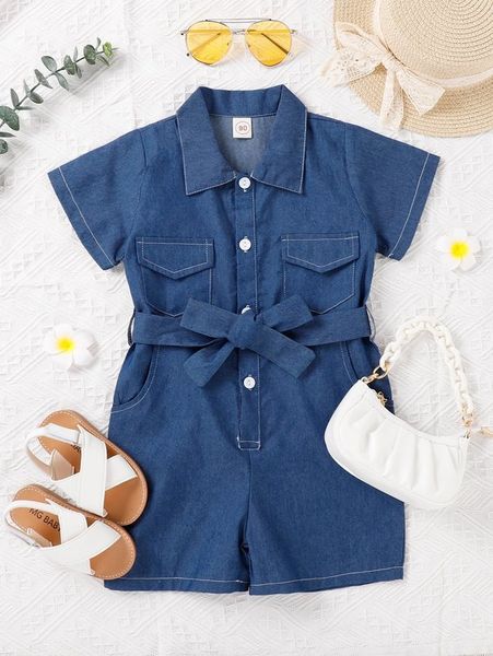 toddler girls flap pocket belted shirt romper she, Blue