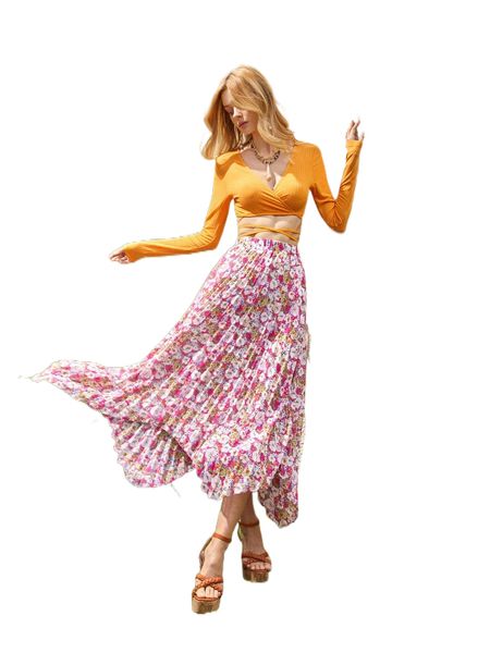 allover floral print asymmetrical hem pleated skirt f85e#, Black