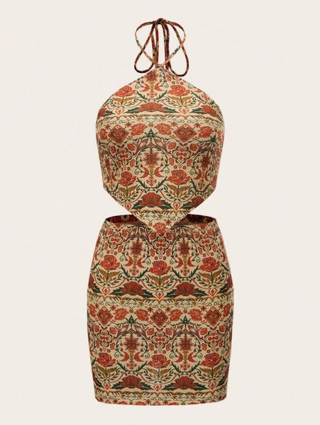 floral print bandana hem tie backless halter & skirt r3xx#, White