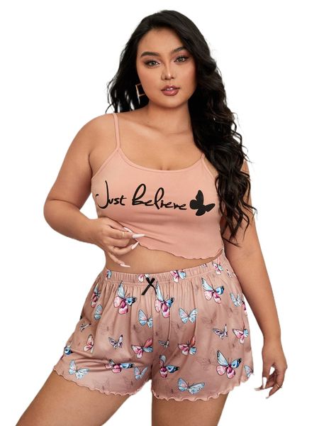 plus butterfly & letter graphic lettuce trim pj set p2vn#, Black;white 
plus butterfly & letter graphic lettuce trim pj set p2vn#, Black;white